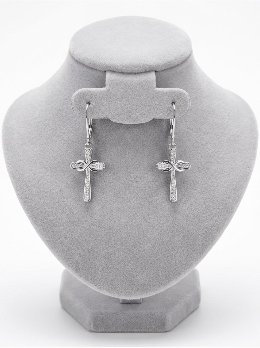 New Woman’s Sterling Silver Infinity Crucifix Cross White Sapphire Earrings